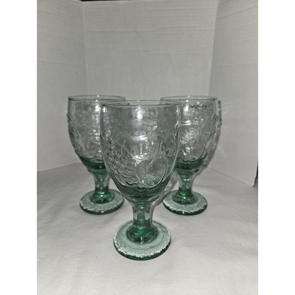 Libbey Orchard Fruit Spanish Green Set Of 3 Water Goblets Glasses, 7" Embossed